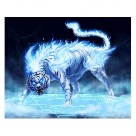 Grosses Soldes De Rêve Animaux Tigre Bleu Avec Le Feu - 5D Kit Broderie Diamants/Diamond Painting QB5103