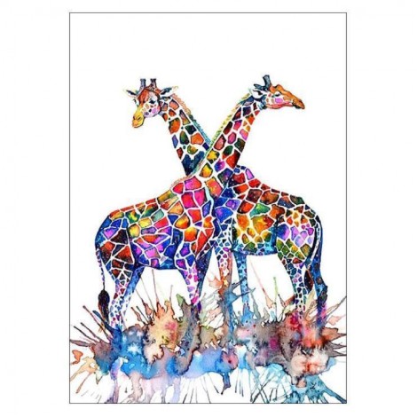 Grosses Soldes Aquarelle Deux Girafes Colorées - 5D Kit Broderie Diamants/Diamond Painting QB8003